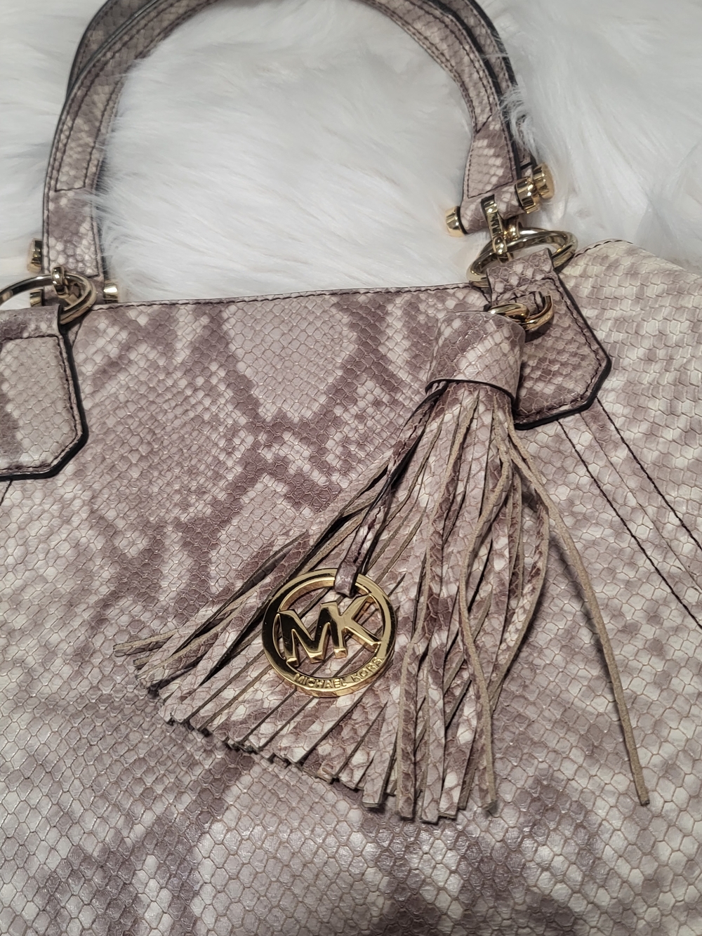 Michael Kors Taupe Snake-Embossed Tote with Tassel - Picture 5 of 8